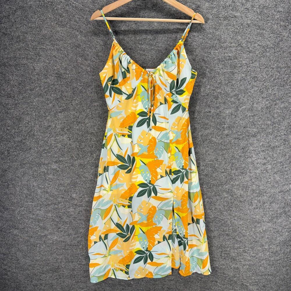 Sienna Sky Dress Women M Medium Orange Floral Sheath Midi V-Neck Tasseled Lined